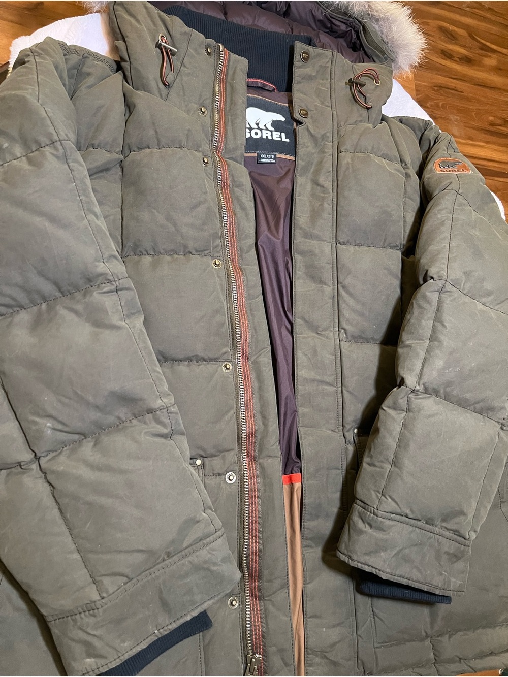 Sorel Men's Olive Green Quilted Puffer Jacket with Fur-Trim Hood